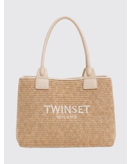 Twinset Natural Raffia Bag With Embroidered Logo