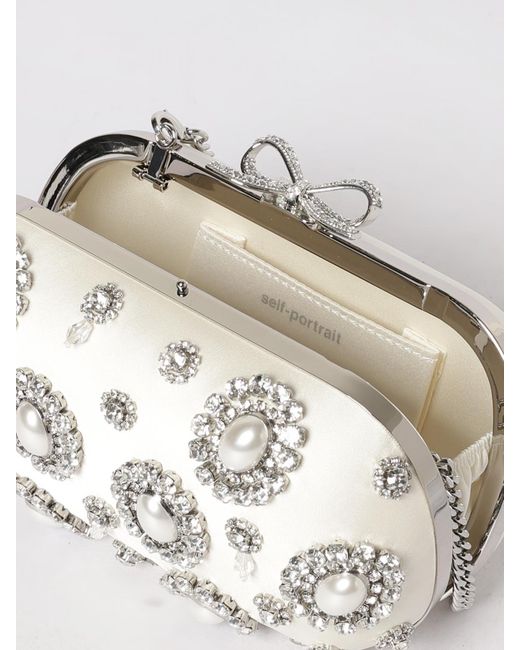 Self-Portrait Natural Satin Clutch With Rhinestones And Faux Pearls
