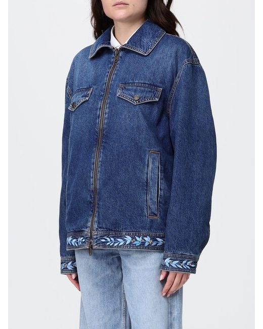 Etro Blue Cropped Embroidered Cotton Denim Jacket With Zip Closure