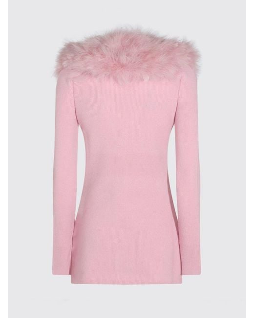 Blumarine Pink Slim Fit Virgin Wool Cardigan With Contrast Fur Collar