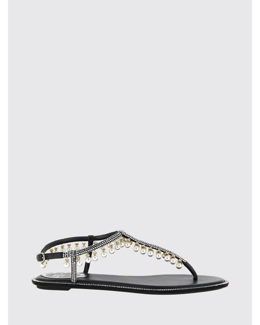 Rene Caovilla White Diana Low-Heeled Leather Thong Sandals With Pearls And Crystals