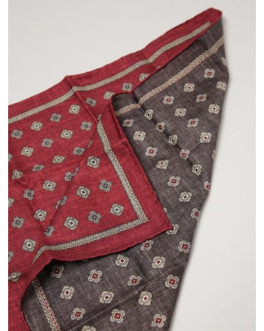 Brunello Cucinelli Red Floral Print Pure Silk Pocket Square for men