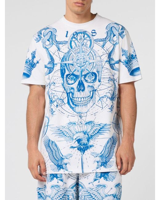 Philipp Plein Blue Skull Cotton T-Shirt for men