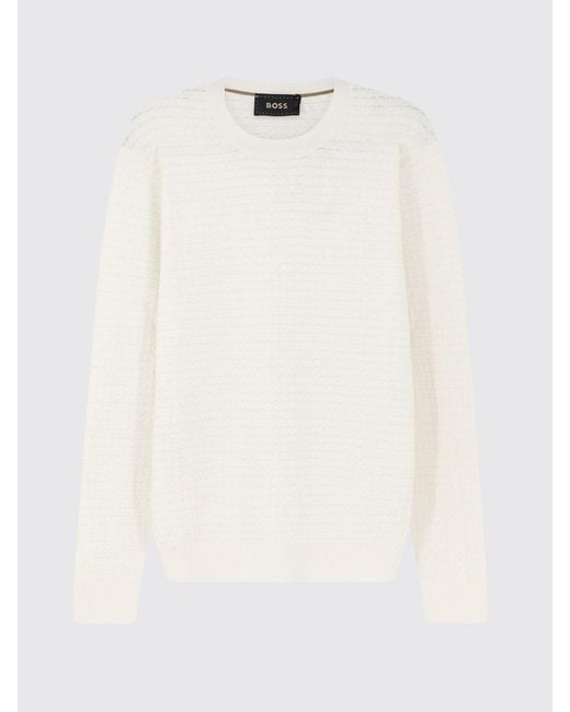 Boss White Cotton And Silk Blend Crewneck Sweater With Ribbed Trims for men