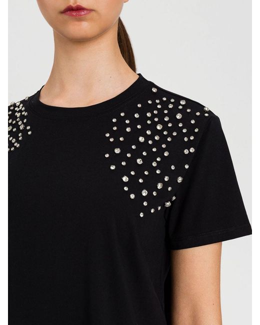 Twinset Black Cotton T-Shirt With Rhinestones