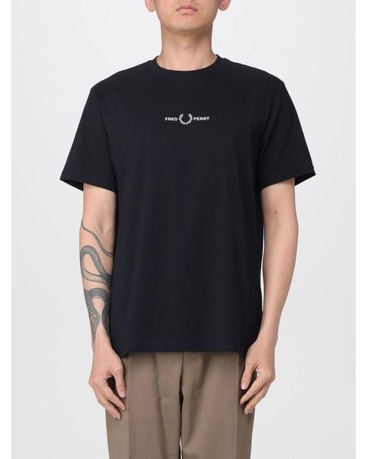 Fred Perry Black Cotton T-Shirt With Logo for men