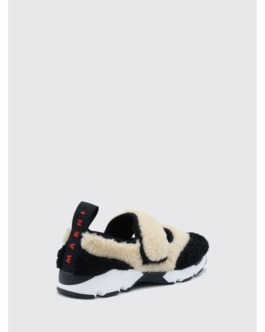 Marni White Bicolour Shearling Mary Jane Sneakers With Velcro Strap Closure