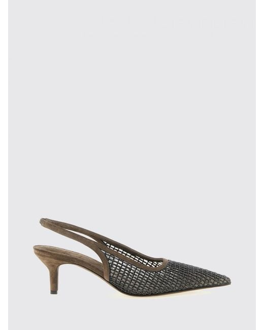 Brunello Cucinelli Brown Suede And Mesh Nylon Slingback Pumps With Monili