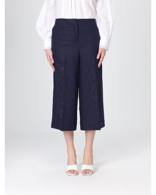 Twinset Blue Linen Cropped Trousers