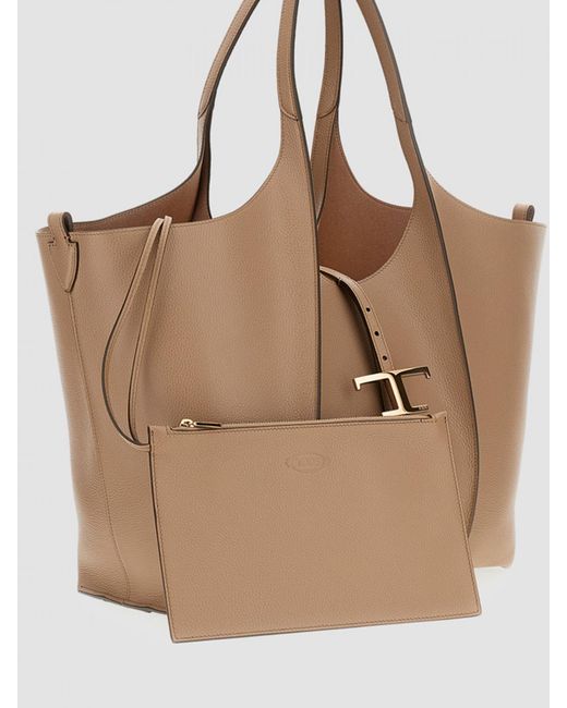 Tod's Natural Medium T Timeless Leather Shopping Bag