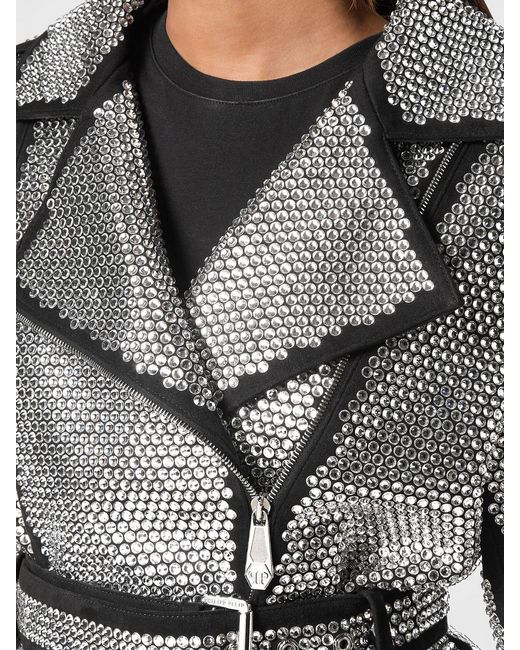 Philipp Plein Gray Short Biker-Style Jacket With Rhinestones And Peak Lapels