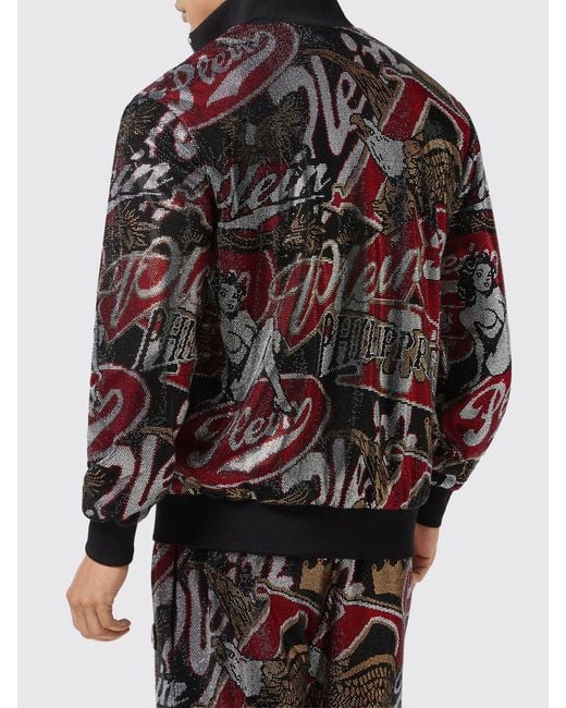 Philipp Plein Red High Neck Zip-Up Jersey Sweatshirt With Graphic Print And Rhinestones for men