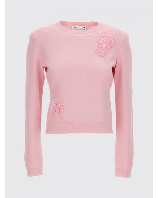 Jersey De Cuello Redondo En Mezcla De Lana Y Seda Con Aplique Floral Self-Portrait de color Pink