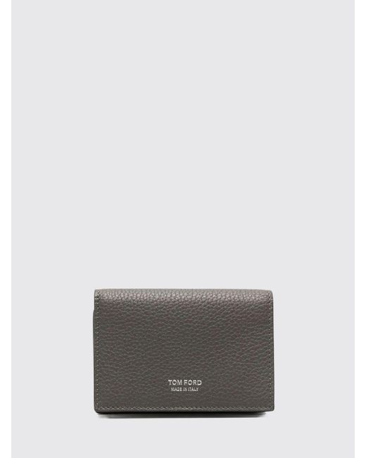 Tom Ford Gray Calf Leather Card Holder With Flap And Snap Button Closure for men