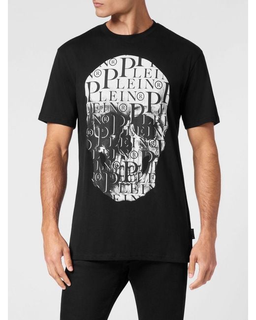 Philipp Plein Black Cotton T-Shirt With Skull Print And Hexagon Logo for men