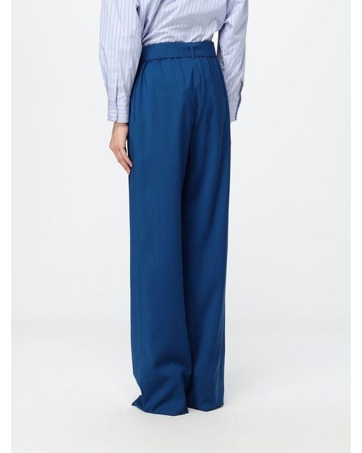 Max Mara Blue Wide Leg Virgin Wool Trousers With Tie Belt
