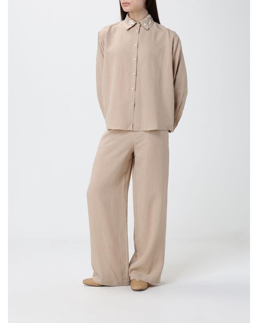 Hanita Natural Linen Blend Palazzo Trousers With Embroidery