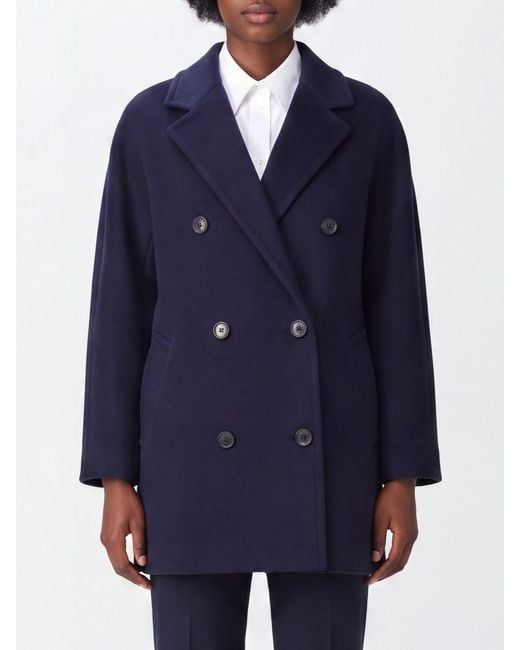 Max Mara Blue Double-Breasted Wool Caban Coat With Relaxed Fit And Lapel Collar