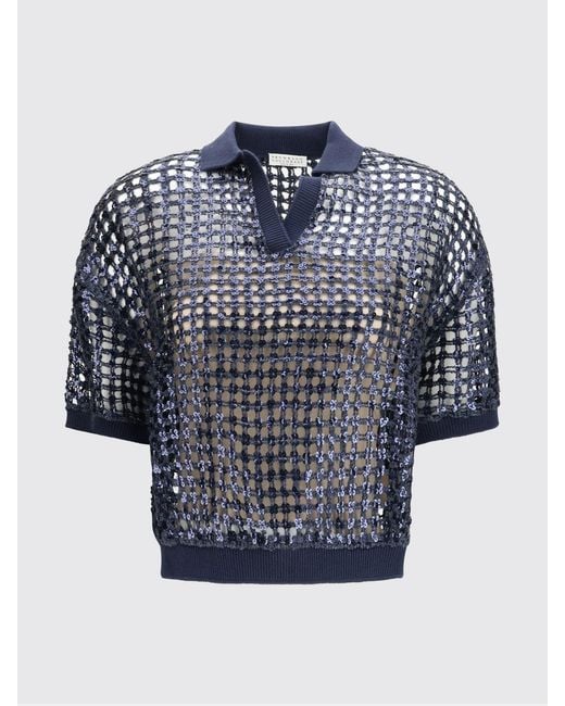 Brunello Cucinelli Blue Silk And Linen Polo Shirt With Sequins