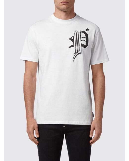 Philipp Plein White Cotton T-Shirt With Graphic Print And Rear Logo for men