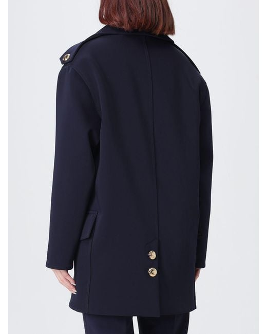 Elisabetta Franchi Blue Knee-Length Double-Breasted Scuba Coat With Metallic Buttons
