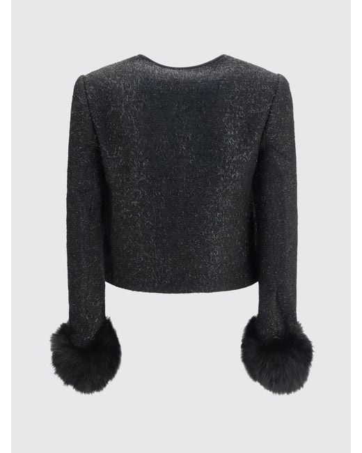 Self-Portrait Black Cropped Bouclé Blazer With Jewel Buttons And Fur Cuffs
