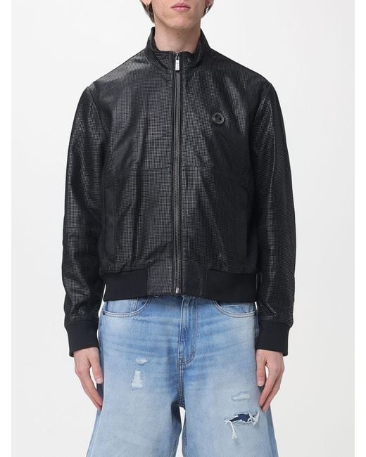 Just Cavalli Black Leather Bomber Jacket With Logo for men