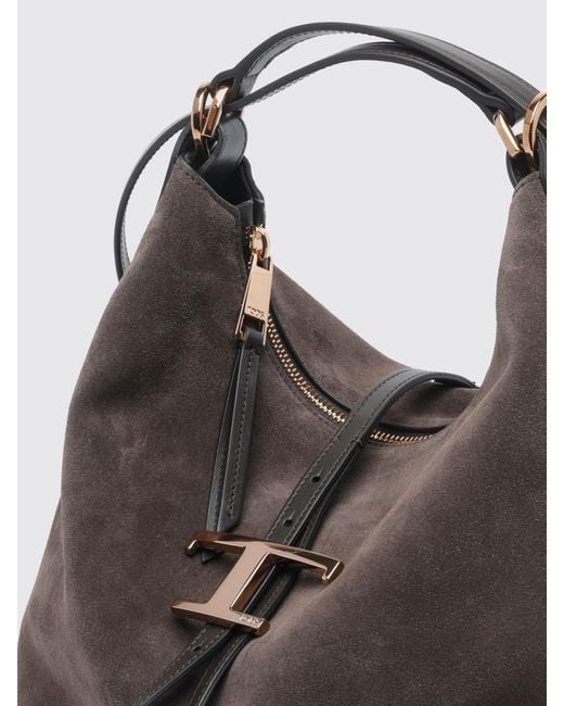 Tod's Brown T Timeless Suede Calf Leather Shoulder Bag With Metallic Logo