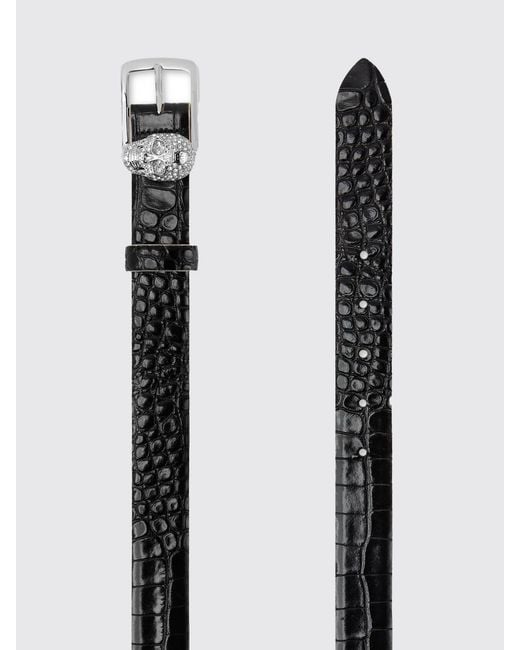 Philipp Plein Black Crocodile Print Leather Belt With Skull And Rhinestones
