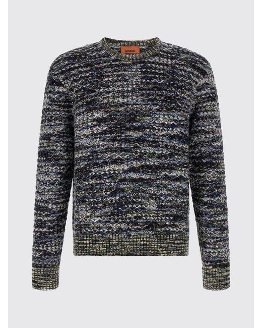 Missoni Blue Bicolour Abstract Pattern Wool Blend Slim Fit Crewneck Jumper for men