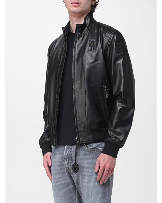 Blauer Black Leather Bomber Jacket for men