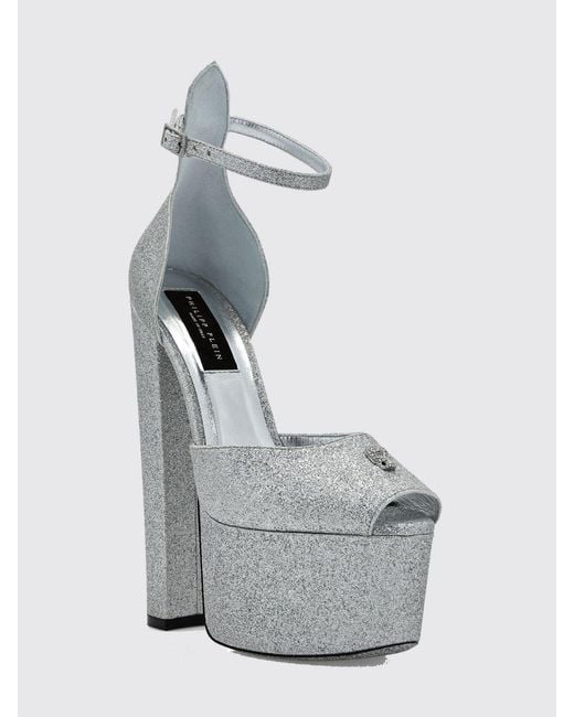 Philipp Plein Gray Glitter Leather Platform Sandals With High Heel And Skull