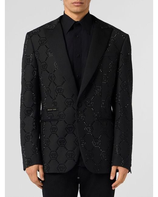 Philipp Plein Black Pp Rhinestone Single-Breasted Blazer for men