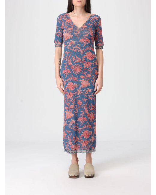 Etro Blue Printed Stretch Tulle Midi Dress