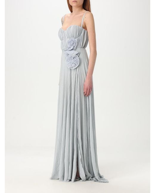 Elisabetta Franchi Gray Pleated Maxi Dress With Floral Applique