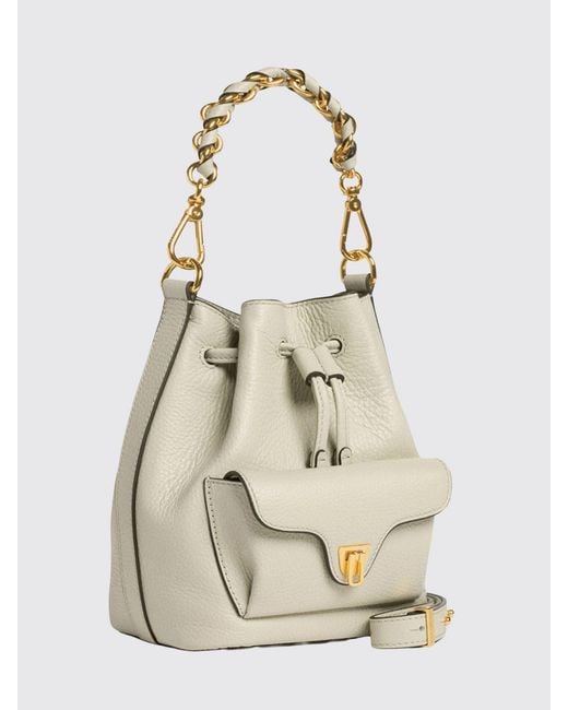 Coccinelle White Beat Generation Leather Mini Bucket Bag With Woven Handle
