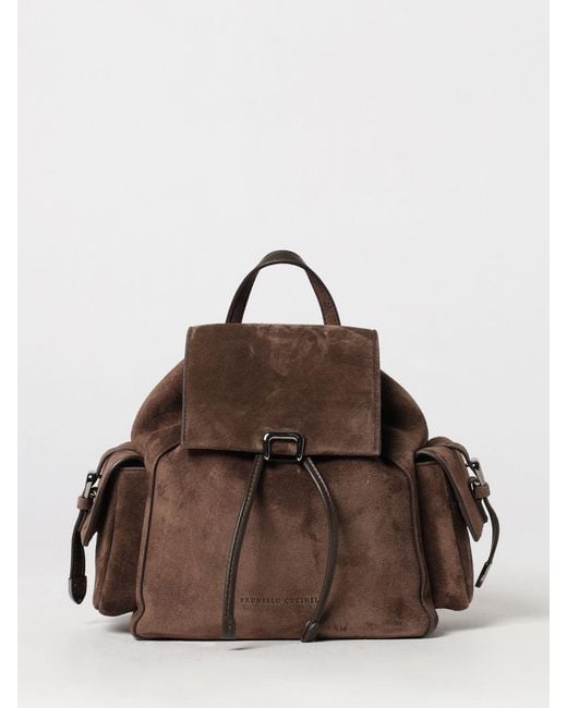 Brunello Cucinelli Brown Small Suede Backpack With Drawstring Closure And Monili