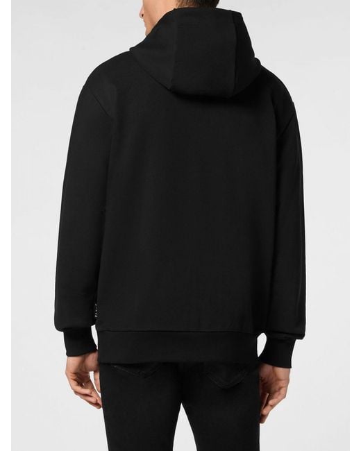 Philipp Plein Black Cotton Hoodie With Snake Embroidery And Rhinestones for men