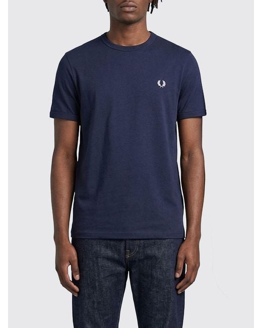 Fred Perry Blue Cotton T-Shirt With Embroidered Logo for men