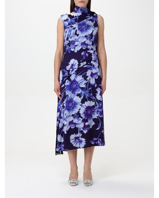 Erdem Blue Floral Print Midi Dress Asymmetrical Hem