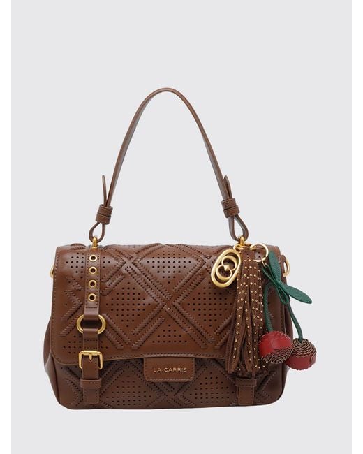 La Carrie Brown Atena Labyrinth Perforated Calfskin Leather Handbag