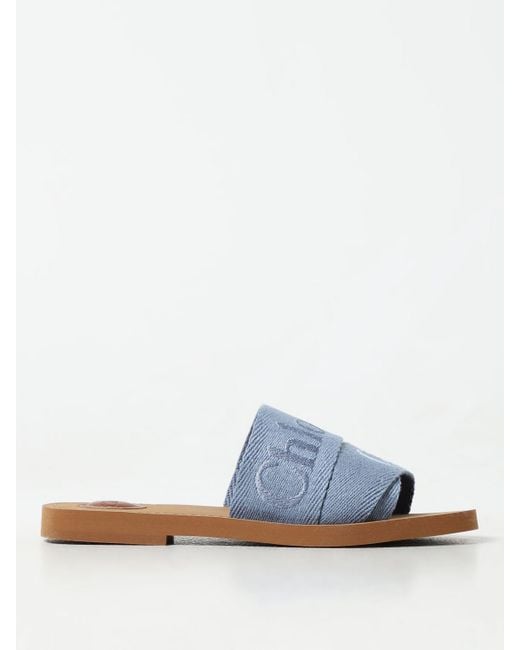 Chloé Blue Woody Canvas Slides With Embroidered Logo