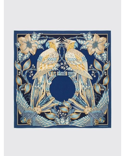 Ferragamo Blue Square Silk Foulard With Vintage Floral Print