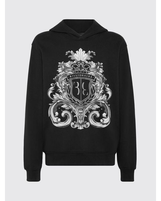 Billionaire Black Cotton Hoodie With Baroque Print for men