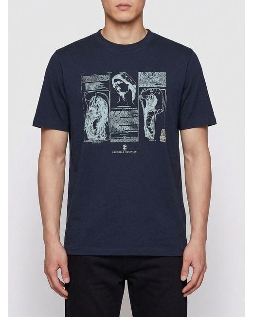 Brunello Cucinelli Blue Printed Cotton T-Shirt for men