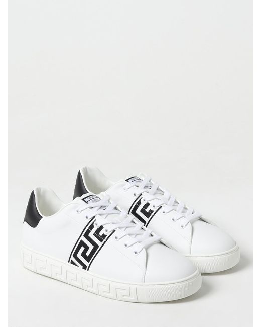 Versace White Synthetic Leather Sneakers With Embroidered Greca for men