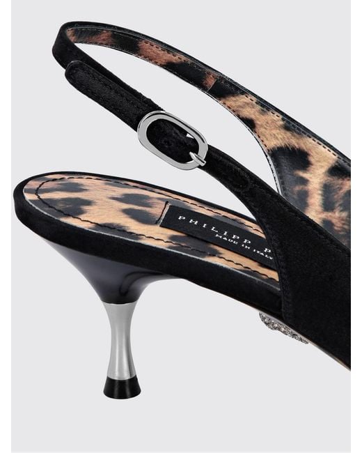 Philipp Plein Black Satin Slingbacks With A Jewel Buckle And Mid Heel