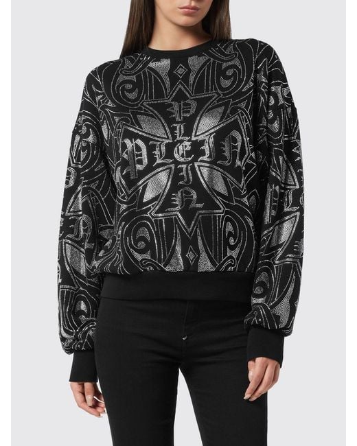 Philipp Plein Black Jersey Sweatshirt With Rhinestone Monogram And Dropped Shoulders
