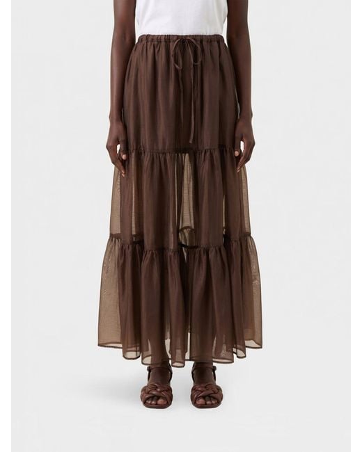 Twinset Brown A-Line Tulle Midi Skirt With High Elasticated Waist And Drawstring