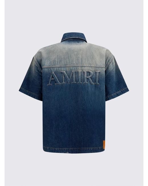Amiri Blue Short-Sleeve Vintage Denim Shirt With Embroidered Logo And Patch Pockets for men